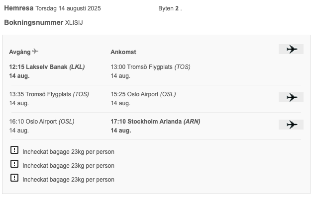 Hemresa flygdetaljer