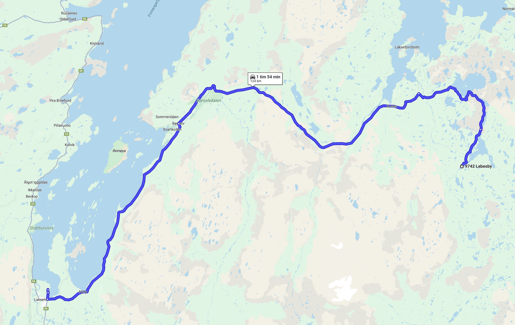 Karta över biltransport från Lakselv
